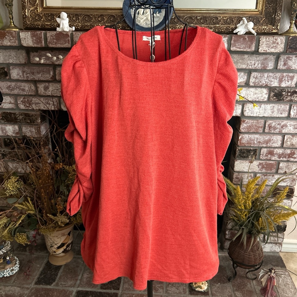 NWT Max Studio Sweater Rusty Red Ruched Scrunched Sleeves Stretchy Women’s Top